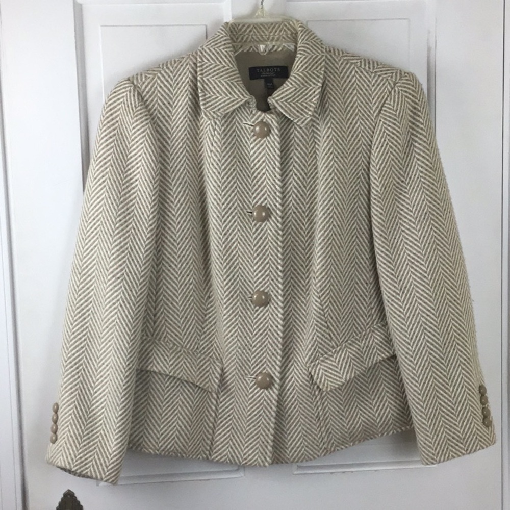 Talbots Herringbone Wool Blazer Cream Tan Gray w/ Flap Pockets Plus 14W Petite